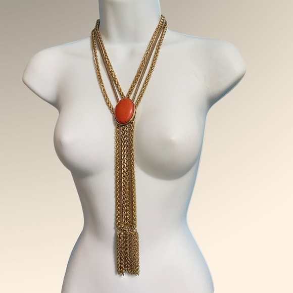 CHARMING CHARLIE Orange & Gold Chain Tassel Necklace - Picture 4 of 7
